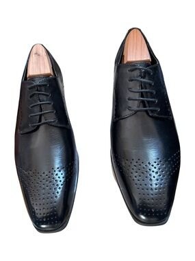 Men's Black Leather Derby Shoes with Perforated Toe